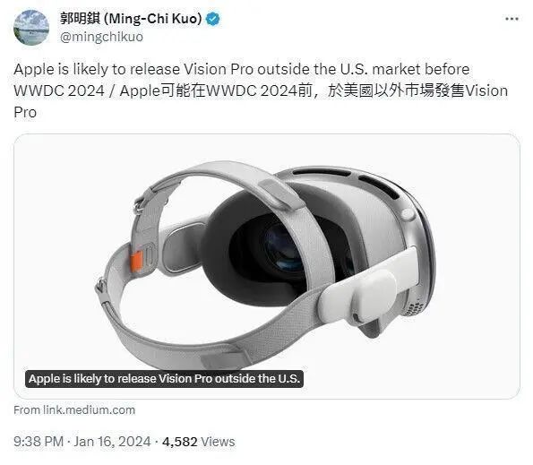 蘋果稱Vision Pro是終極娛樂設備，或在6月前向海外發售