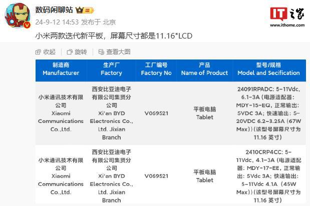 消息稱(chēng)小米兩款迭代新平板均采用 11.16 英寸 LCD 顯示屏